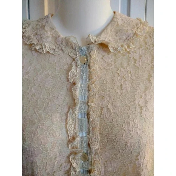 Vintage 1960s Miss Elaine Peach Pink Lace Long Robe Gown 3/4 Sleeves Lined M
